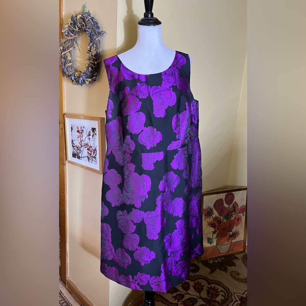 TALBOTS sz 14W Tank Dress Fit-N-Flair Black Purple Damask Roses Floral Twirl NEW